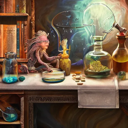 Image similar to hyper real, table, wizards laboratory, lisa parker, tony sart, mortar, pestle, scales, energy flowing, magic book, beakers of colored liquid