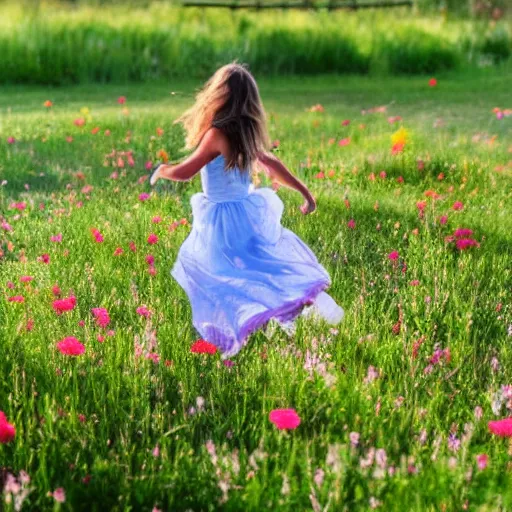 Prompt: beautiful girl running through a field of flowers and grass