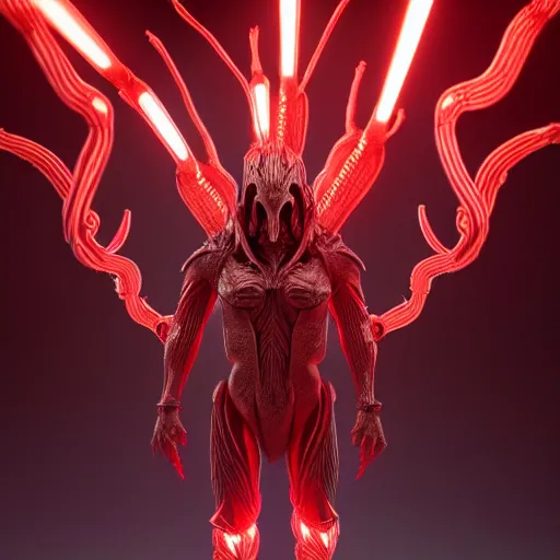 Prompt: stunning symmetric full body character image, predator, Protoss, human, Tsutomu Nihei, 3d octane render, unreal engine, hyper realistic, realistic, white bone armor, soft illumination, human facial features, surrounded in red glowing tendrils of whispy smoke, trending artstation, 4K, insane