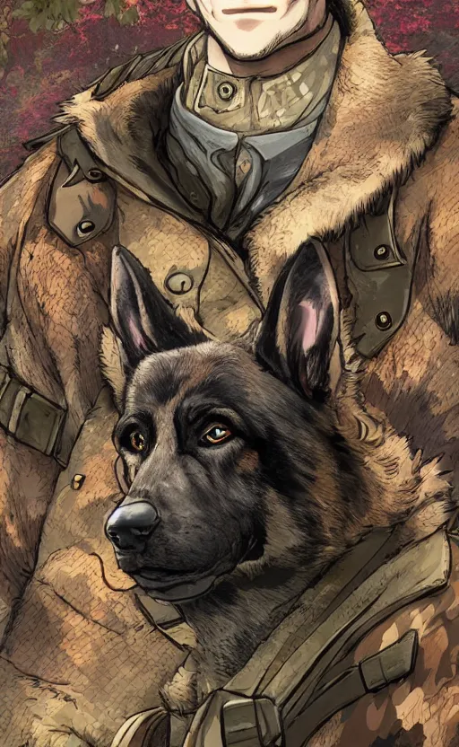 Image similar to close up character portrait icon of the german shepard beast - man military uniform head animal person wearing clothes standing in the bright forest, hidari, color page, tankoban, 4 k, tone mapping, akihiko yoshida