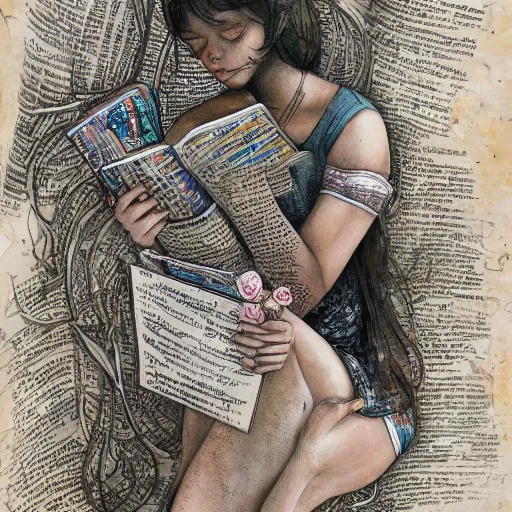 Image similar to full body pose, mixed media painting of a girl reading a book, extremely hyper - detailed, intricate, epic composition, very detailed, masterpiece, stunning,