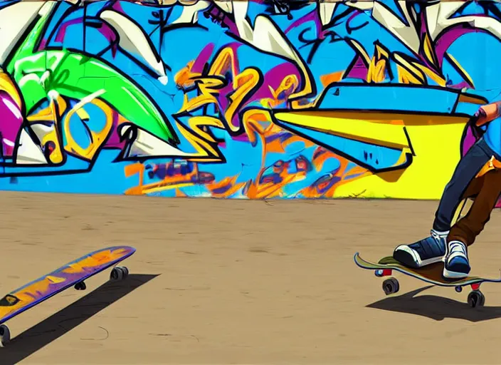 Prompt: cell shaded skateboarding game with graffiti, cell shading, colourful, beach front, jet set radio