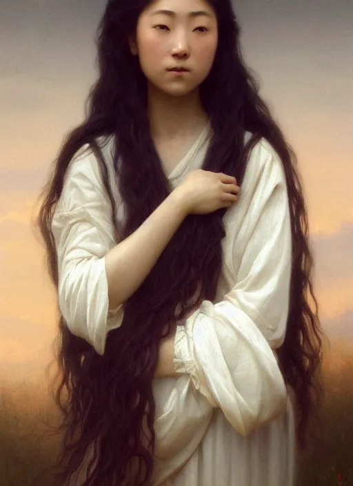 Image similar to oil painting close up portrait of a contemplative young japanese - nigerian woman with long dark flowing hair in a dress made of white roses!! at sunset, hazy, digital art, chiaroscuro, artstation, cinematic, golden hour, digital art painting by greg rutkowski, william - adolphe bouguereau, hazy atmosphere, cinematic lighting