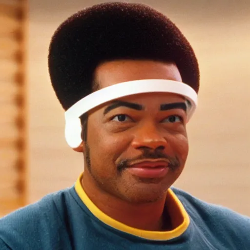 Image similar to Geordi LaForge wearing visor and a colander and random kitchen tools on his head