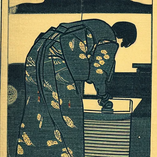 Prompt: japanese woodblock print of a vacuum cleaner