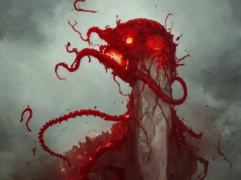 Prompt: painting by greg rutkowski of a flying human head with tears running down it's face face that is chalk white in color, with white!! tentacles coming down through the neck, fiery scorching red eyes, flying in a terrying hell like cavernous place