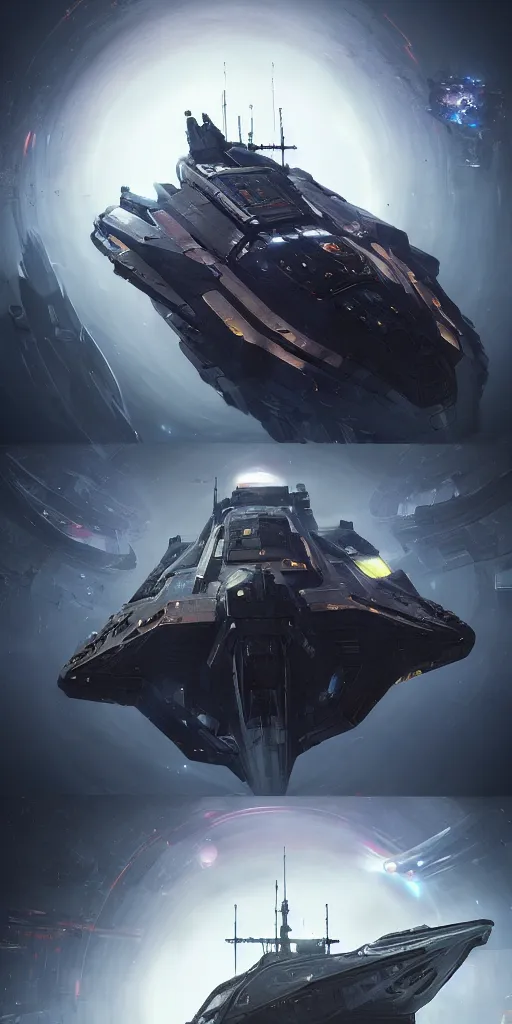 Image similar to cyberpunk cargo ship strongly resembling industrial spaceship design concept art in space, by david levy, eve online, elite dangerous, artstation, concept art, matte painting, highly detailed, rule of thirds, dynamic lighting, cinematic, detailed, magnificiant landscape, denoised