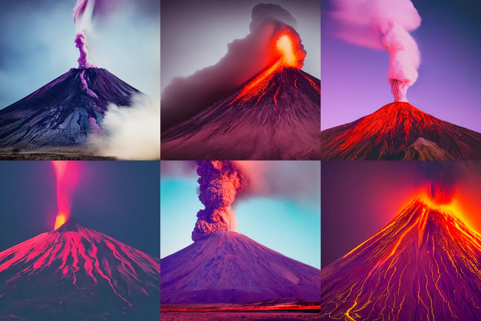 Prompt: a volcano erupting, purple hues, cinematic photography