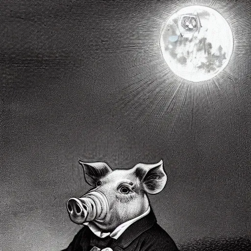 Image similar to closeup portrait of a pig in a tuxedo, dramatic lighting, farm background, moon, chiaroscuro, high detail, illustration by gustave dore