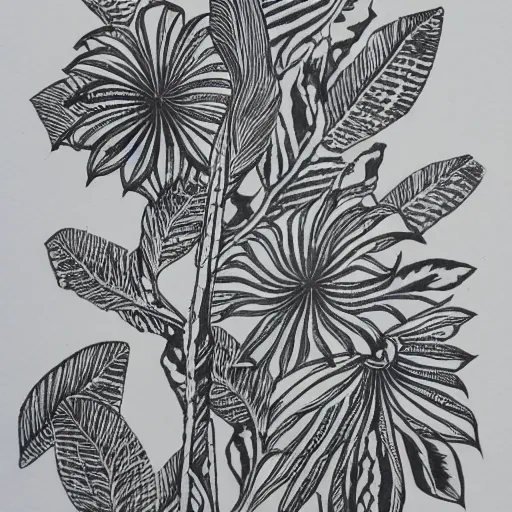 Prompt: block print, botanical art, boho, black ink on white paper