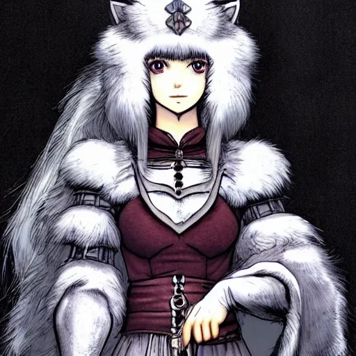 Image similar to a beautiful dressed furry girl, artstation hq, stylized, award winning, colour page from berserk series, created by kentaro miura