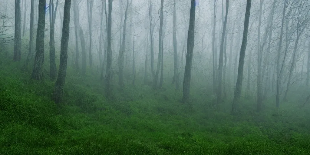 Image similar to calming fog over the woods on a mountain, green, photorealistic