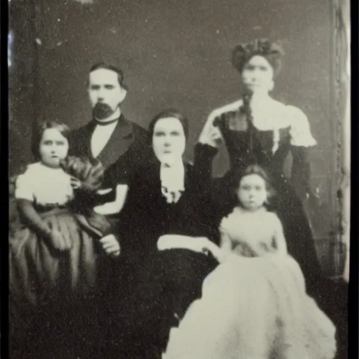 Image similar to vintage photograph of wealthy victorian mansion with family, ghost images and ectoplasm in the background, ghost hunting photograph