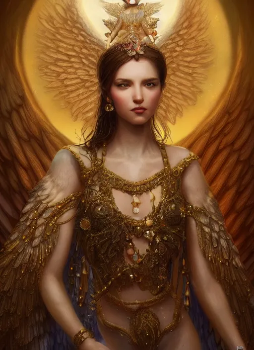 Image similar to A beautiful digital painting of a female angel full of jewels, princess, the moon behind her, intricate, cinematic lighting, highly detailed, digital painting, Artstation, concept art, smooth, sharp focus, illustration, art by Tom Bagshaw, Artgerm and Greg Rutkowski