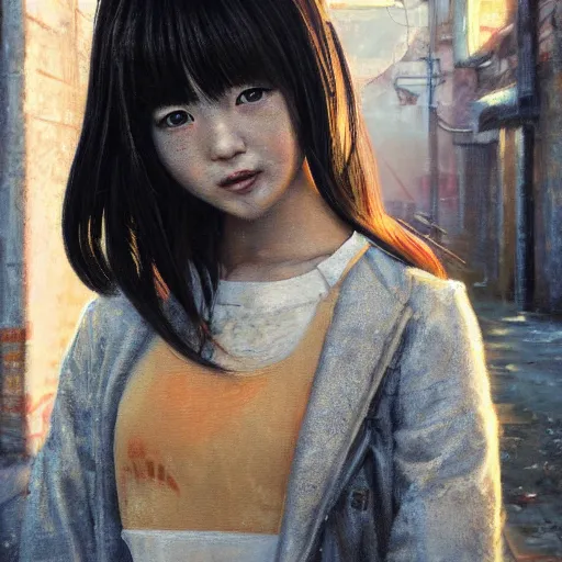 Prompt: a perfect, realistic professional oil painting of a Japanese schoolgirl posing in a dystopian alleyway, close-up, by a professional American senior artist on ArtStation, a high-quality hollywood-style concept