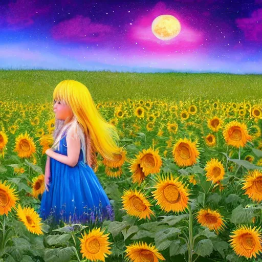 Prompt: a long dirty blond colored hair, 4 year old girl in a rainbow dress looking away from us in a colorful meadow holding a sunflower in her hand, standing in moonlight, on a clear magnificent night sky, looking up at the earths one moon, highly detailed, magical, canvas print, award winning, 8 k, artstation