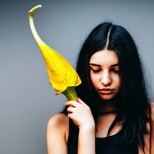 Image similar to beautiful girl with black hair, holding brugmansia flower, colour, dark scenery, sad