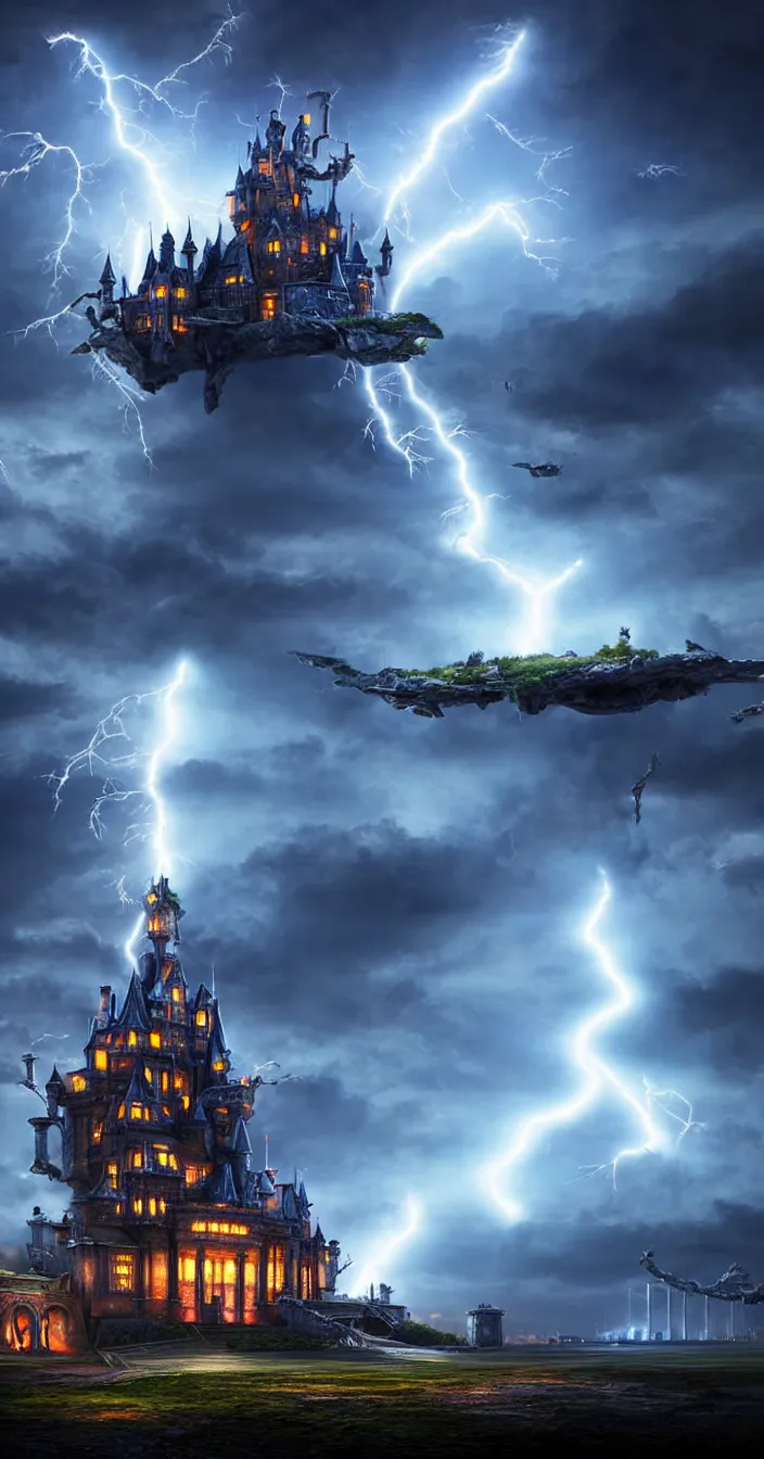 Image similar to realistic photo of lightening strike on futuristic big one castle, dark night background, sharp focus, wide angle shot, in the style of greg rutswoski, very hyper realistic, highly detailed, fantasy art station