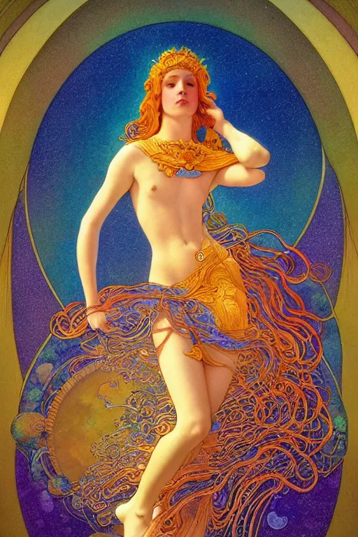 Prompt: beautiful goddess of space and dreams by maxfield parrish, mandala, coherent design, symmetrical, vivid colors, digital watercolor ink illustration painting, complementary color, golden ratio, detailed, sharp lines, sharp focus, intricate, rainbowshift, artgerm, gustave dore, alphonse mucha, octane render