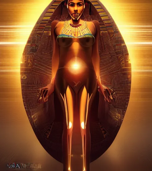 Image similar to symmetry!! egyptian princess of technology, solid cube of light, hard edges, product render retro - futuristic poster scifi, lasers and neon circuits, beautiful brown skin woman egyptian princess, intricate, elegant, highly detailed, digital painting, artstation, concept art, smooth, sharp focus, illustration, dreamlike, art by artgerm