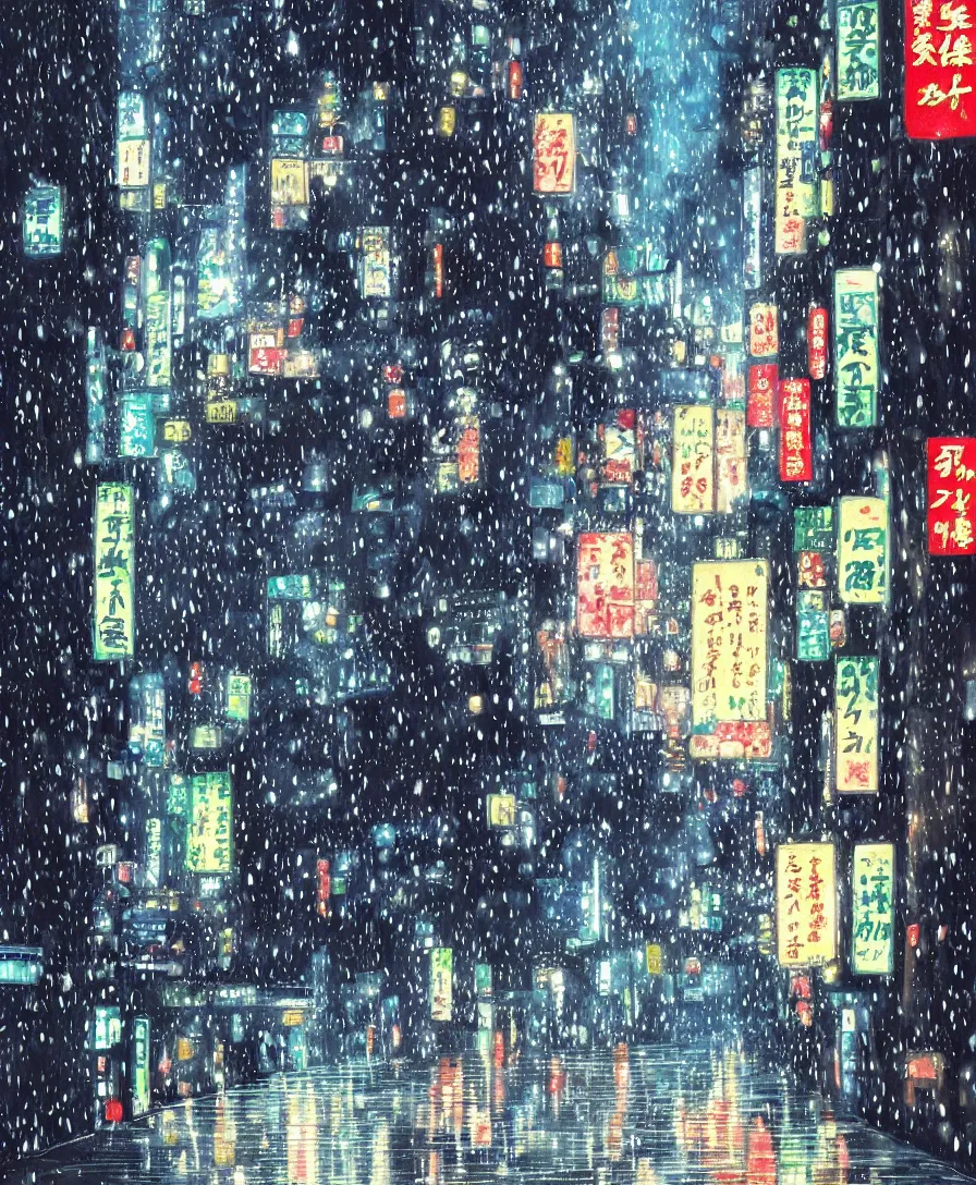 Prompt: an anime style painting of a futuristic japan, rain falling, night skies