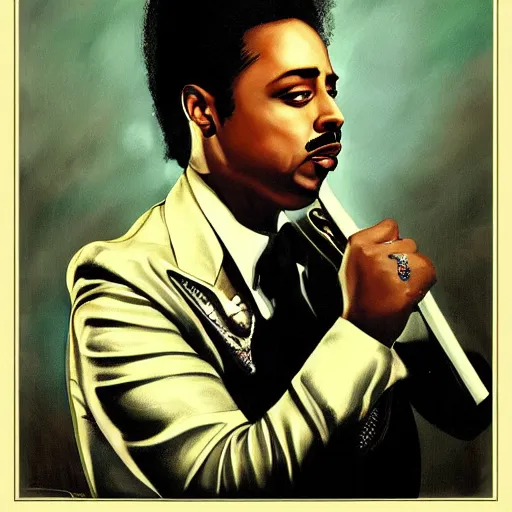 Prompt: a painting of morris day in the style of rolf armstrong.