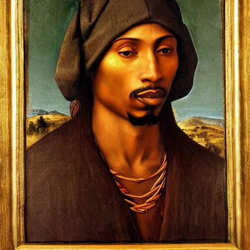 Prompt: A Renaissance portrait painting of Tupac Shakur by Giovanni Bellini and Leonardo da Vinci. 8k detailed painting Tupac