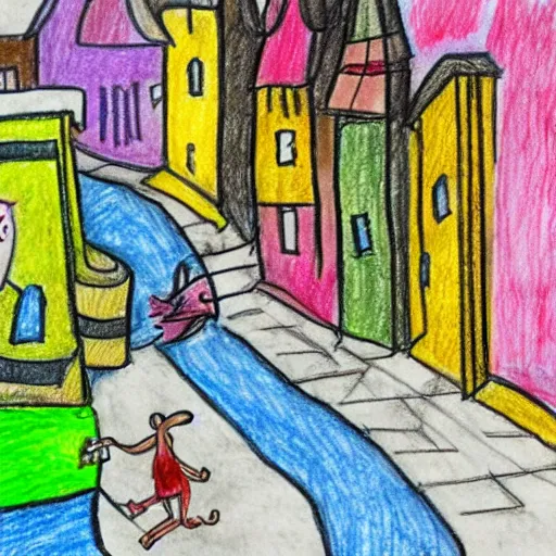 Prompt: child's drawing of a street