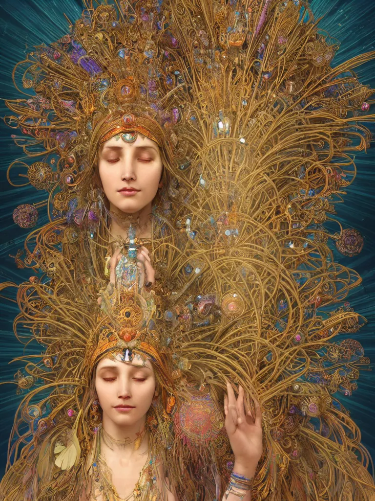 Prompt: an ancient mystical alluring tribal elder wearing an intricate head dress of feathers and jewels generating flowing energy and surrounded by wisps of incense smoke sits meditating in a cybernetic robot temple, face face face, by alphonse mucha and justin gerard and android jones, 3 d, cinema 4 d render, trending on artstation, 8 k