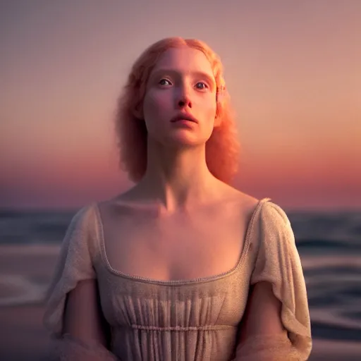 Prompt: photographic portrait of a stunningly beautiful english renaissance female in soft dreamy light at sunset, beside the sea, soft focus, contemporary fashion shoot, in a denis villeneuve movie, by edward robert hughes, annie leibovitz and steve mccurry, david lazar, jimmy nelsson, extremely detailed, breathtaking, hyperrealistic, perfect face, octane render