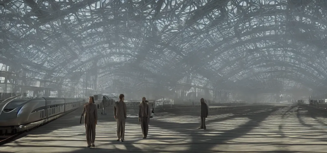 Prompt: a complex organic fractal 3 d metallic symbiotic ceramic duck shaped megastructure in a train station, foggy, sun rays, cinematic shot, photo still from movie by denis villeneuve, wayne barlowe