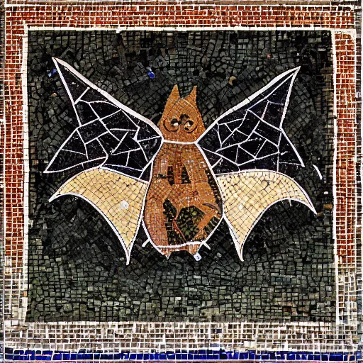 Image similar to medium shot Mosaic depicting a cute realistic pet bat looking left, from Italica, AD 176-275. Archaeological Museum, Seville. Byzantine mosaics, highly detailed, HQ, HD, beautiful, National Geographic,