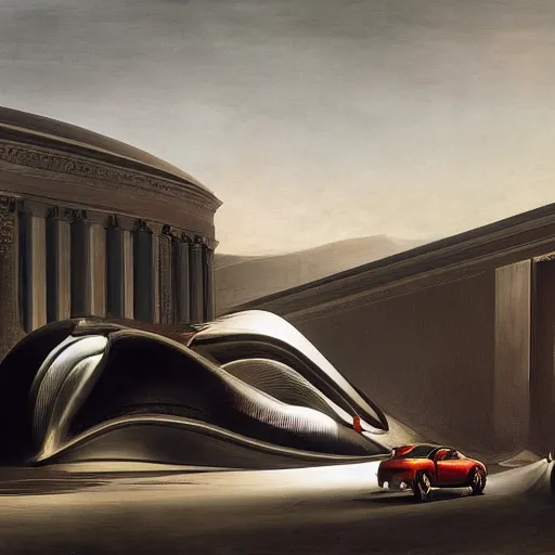 Prompt: oblivion film transport design zaha hadid forms car and wall structure in middle of the coronation of napoleon painting by Jacques-Louis David black ceramic material shiny gloss water reflections search pinterest keyshot product render ultra high detail ultra realism 4k, 8k, 16k