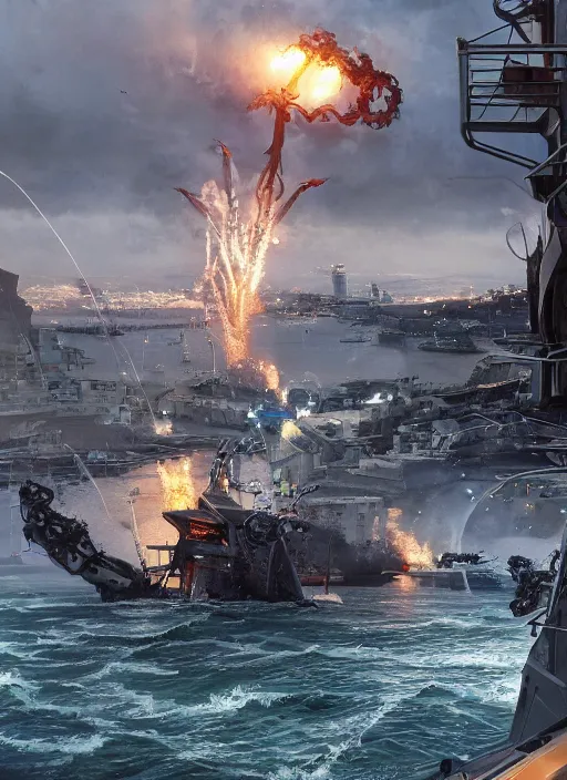 Image similar to hyper realistic squid robot attacking cape town city harbor explosions beautiful details, strong composition painted by kim jung giu weta studio rutkowski, james gurney and greg rutkowski, and lucasfilm