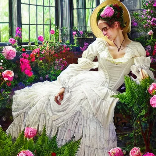 Image similar to fantasy, glow, shimmer, emma watson as victorian woman in a long white frilly lace dress and a large white hat having tea in a sunroom filled with flowers, roses and lush fern flowers ,intricate, night, highly detailed, dramatic lighting , high quality