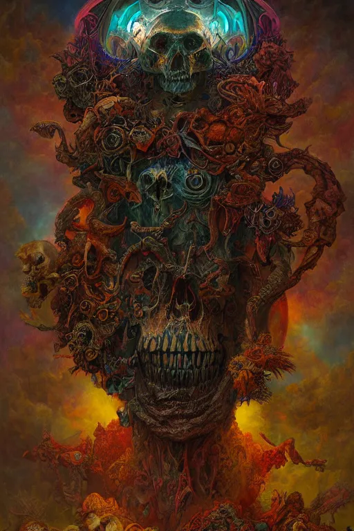 Prompt: gigantic skull psychedelic demonic cosmic of death and hell fire, fantasy painting, ultra realistic, wide angle, art nouveau, intricate details, rainbowshift, vivid colors, highly detailed by peter mohrbacher, h. r. giger, maxfield parrish, gustave dore, craig mullins, octane render, cgi