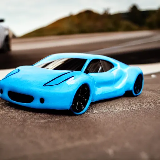 Prompt: a blue gummy bear sizzles half melted on the hood of a futuristic high tech sports car.