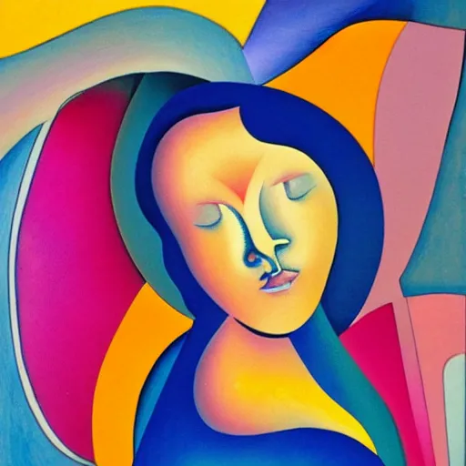 Image similar to woman as the natural landscape, her curves form the mountains and rivers of the land , high quality art in the style of cubism and georgia o’keefe,