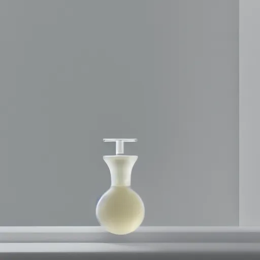 Image similar to perfume bottle on window sill in a pastel clean modern minimalist room in an ivory room well contoured smooth fair walls, up close shot, sharp focus, zen, clean, modern minimalist, octane highly render, 4 k, ultra hd,