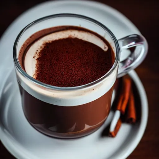 Prompt: food photography of hot chocolate drink in tall glass with cream on top and cocoa powder, canon macro lens, moody lighting, stock images, front view