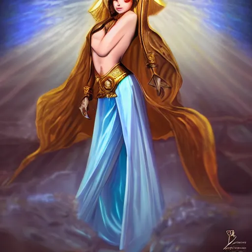 Prompt: seductive divine goddess with bright blue eyes and golden robe in a dark cave, digital art dnd beyond trending on art station,