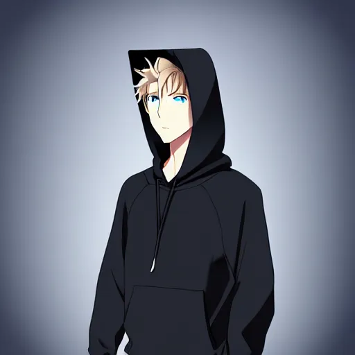 Image similar to dark blonde anime guy with blue eyes wearing a black hoodie, profile picture, smooth lines, digital art, japan