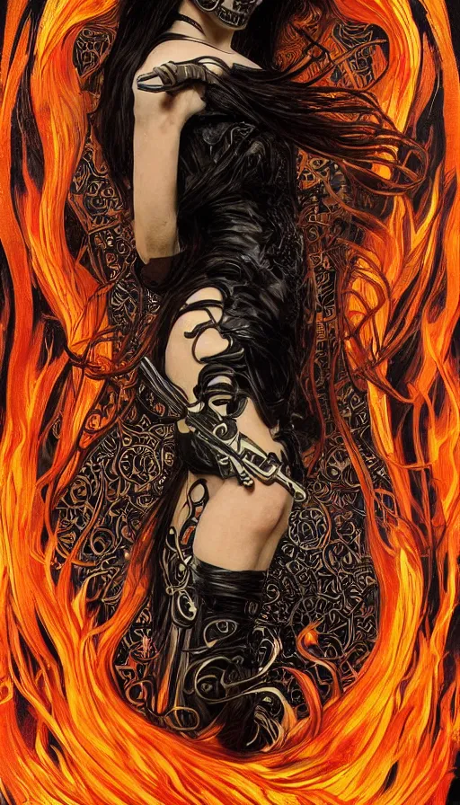 Prompt: a portrait of a finely detailed beautiful!!! feminine cyberpunk ghost rider with skull face and long flowing hair made of fire and flames, dressed in black leather, by Alphonse Mucha, designed by H.R. Giger, legendary masterpiece, stunning!, saturated colors, black background, full body portrait, framed in image, trending on ArtStation