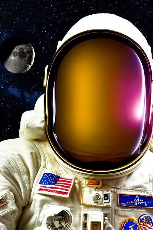 Prompt: extremely detailed studio portrait of space astronaut, holds a smart phone in one hand, phone!! held up to visor, reflection of phone in visor, moon, extreme close shot, soft light, golden glow, award winning photo by diane arbus