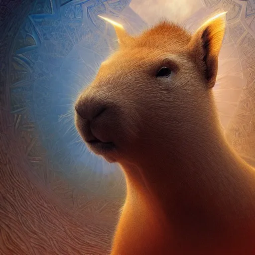 Image similar to capybara surrounded by sacred geometry made from elven architecture, gorgeous, powerful, cinematic, beautifully lit, by artgerm, by karol bak, 3 d, trending on artstation, octane render