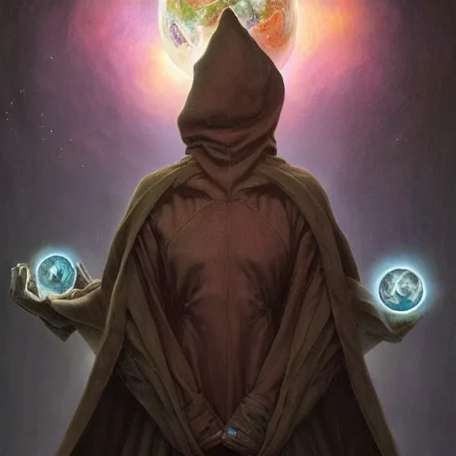 Image similar to the creator of worlds wearing a cloak and holding a holographic planet projection in his hand, detailed, sci - fi, digital painting, artstation, sharp focus, illustration, ominous, artgerm, tomasz alen kopera, peter mohrbacher, donato giancola, joseph christian leyendecker, wlop, frank frazetta