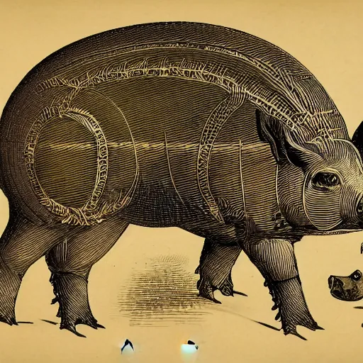 Prompt: intricate vintage scientific illustration of pig