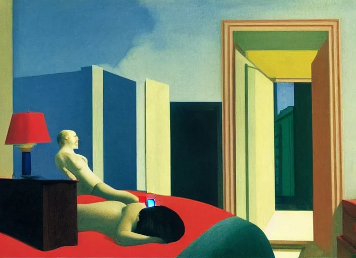 Image similar to three people interacting in a hotel room in afternoon light, clouds, bird, open ceiling, strange foreign objects, oil painting by edward hopper, chirico and rene magritte