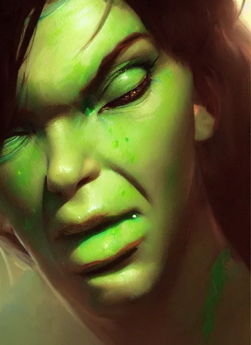 Image similar to green orc female, light green tone beautiful face, by artgerm, by greg rutkowski, by jeremy mann, digital painting