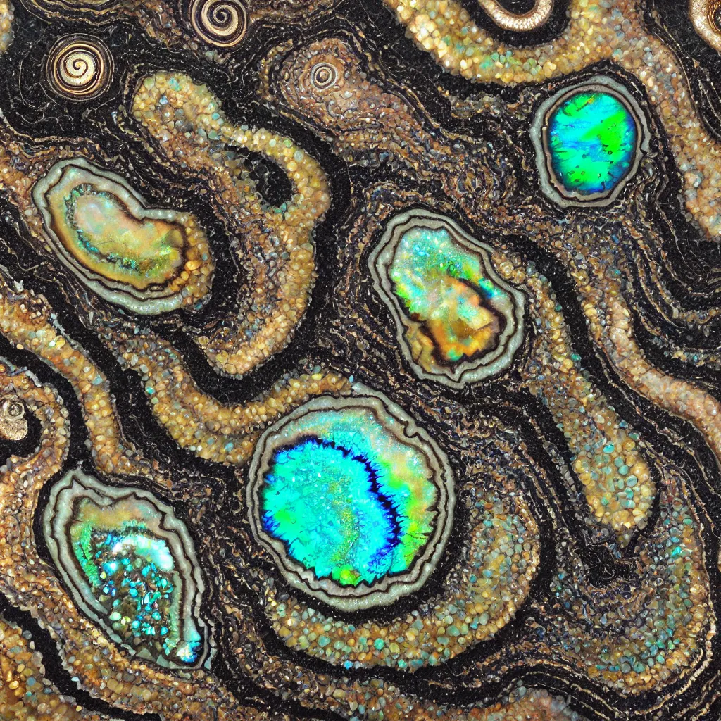 Prompt: art nouveau cresting oil slick waves, druzy geode, ammolite, black opals, rococo, organic rippling spirals, realistic hyperdetailed ultrasharp octane render, abalone, ammonite, paua shell, banded geode